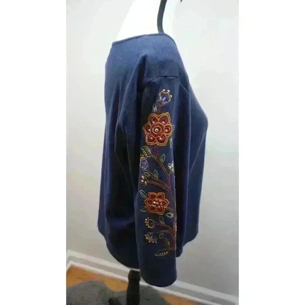 Alfred Dunner Petites Embroidered Bell Sleeves Knit Top - PM Size, Navy Blue - Picture 10 of 14